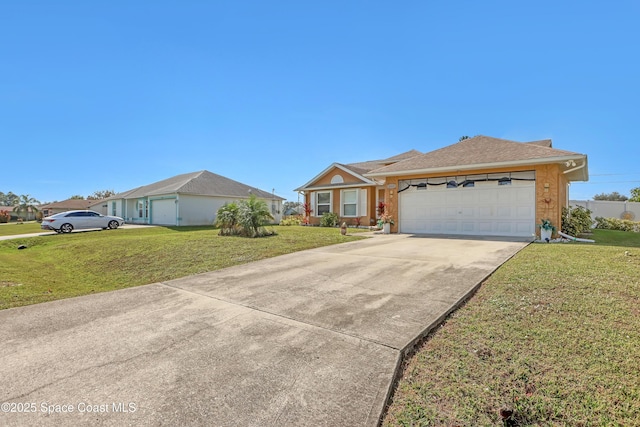 ranch-style house featuring a garage and a front lawn