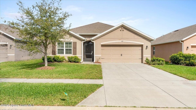 ranch-style home with a garage and a front yard