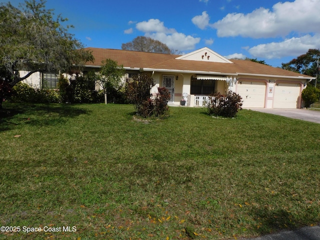 ranch-style house with a garage and a front yard