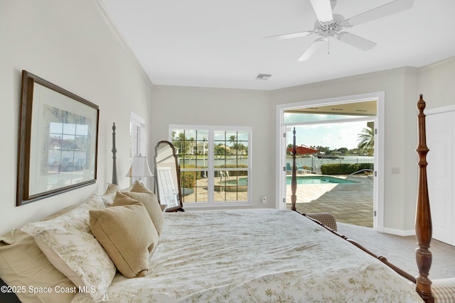 carpeted bedroom featuring access to exterior, crown molding, and ceiling fan