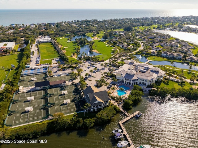 aerial view featuring a water view