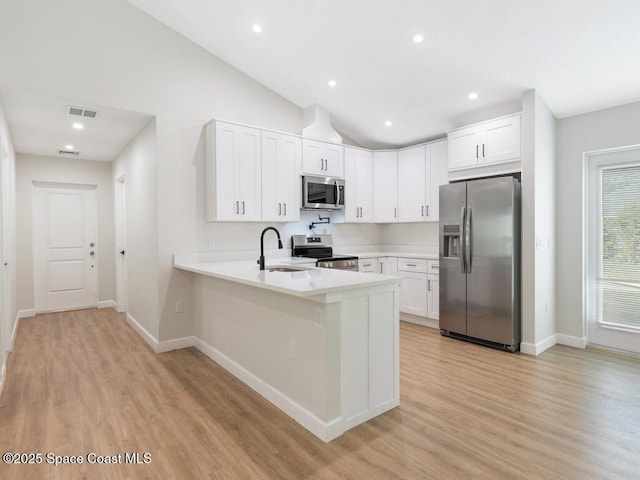 kitchen featuring appliances with stainless steel finishes, kitchen peninsula, sink, and white cabinets