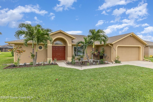 ranch-style home featuring a garage and a front lawn