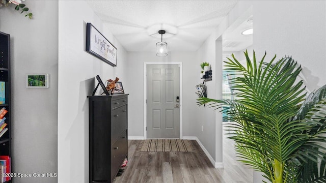 foyer entrance with hardwood / wood-style floors and a textured ceiling