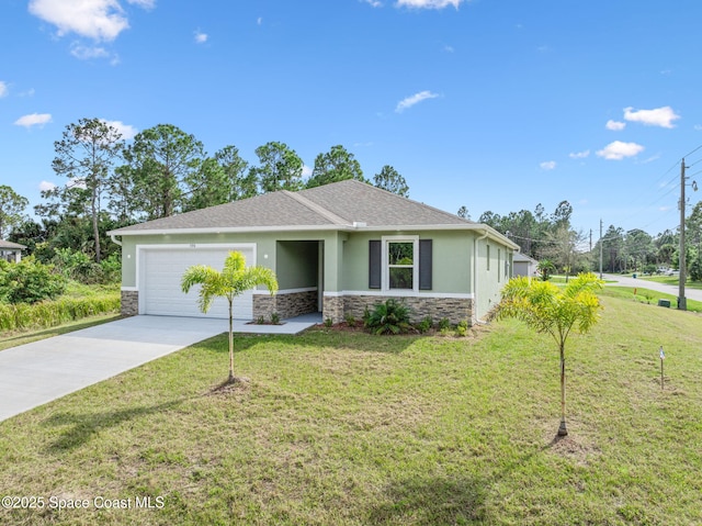 view of front of home with an attached garage, stone siding, concrete driveway, stucco siding, and a front yard