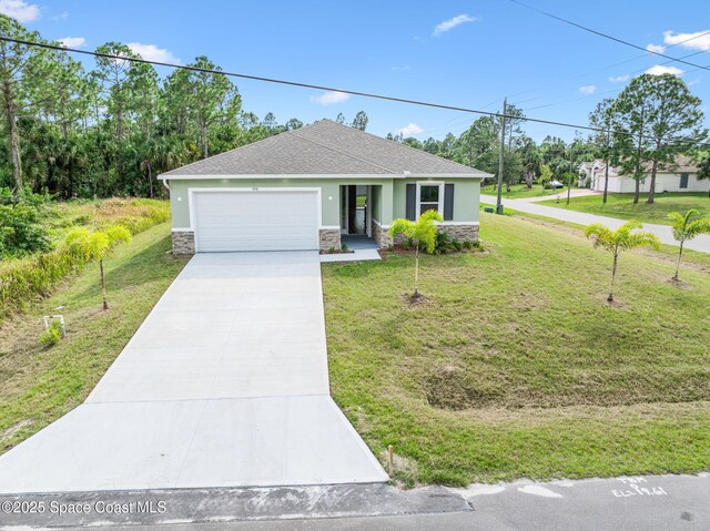 view of front of property with a garage, stone siding, driveway, stucco siding, and a front lawn