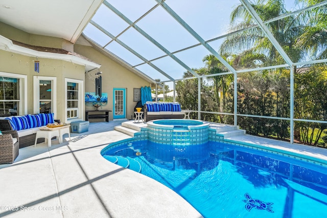 3280 74th St, Vero Beach, FL 32967 - view of swimming pool with an outdoor living space, a patio, a lanai, and a pool with connected hot tub
