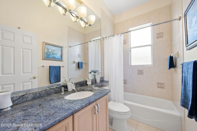 bathroom featuring toilet, tile patterned flooring, shower / bath combination with curtain, and vanity