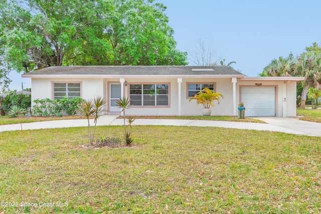 ranch-style house with a garage, concrete driveway, a front yard, and stucco siding