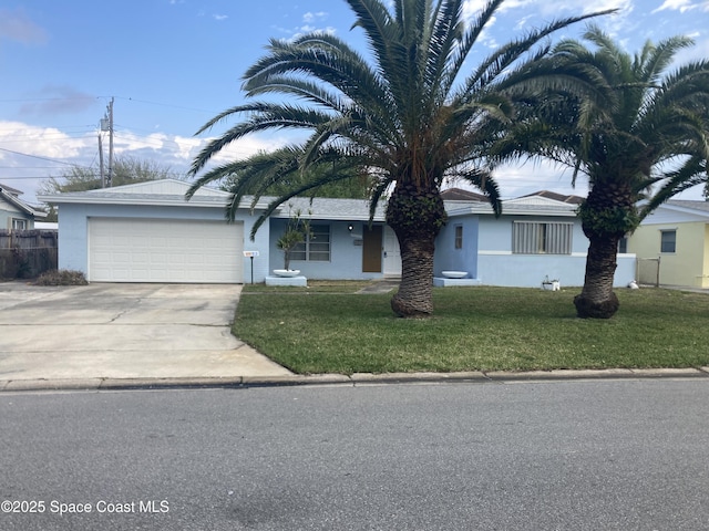 ranch-style house featuring fence, stucco siding, a front lawn, concrete driveway, and a garage