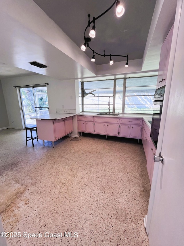 interior space featuring speckled floor, a sink, and rail lighting