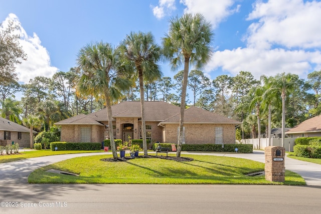 view of front of house featuring brick siding, fence, curved driveway, and a front yard