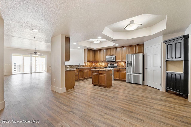 kitchen featuring sink, light hardwood / wood-style flooring, appliances with stainless steel finishes, a center island, and a raised ceiling