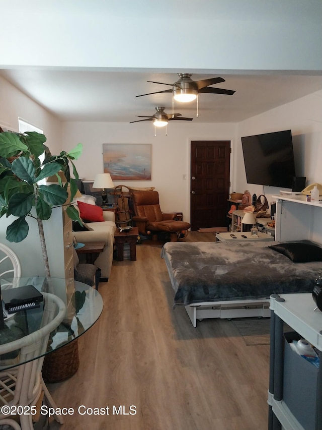 bedroom with ceiling fan and wood-type flooring