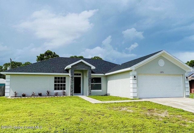 ranch-style house with a front lawn and a garage