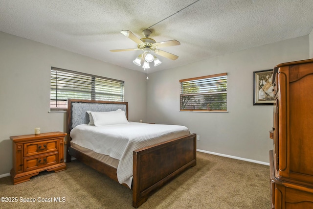 bedroom with multiple windows, a textured ceiling, and carpet flooring