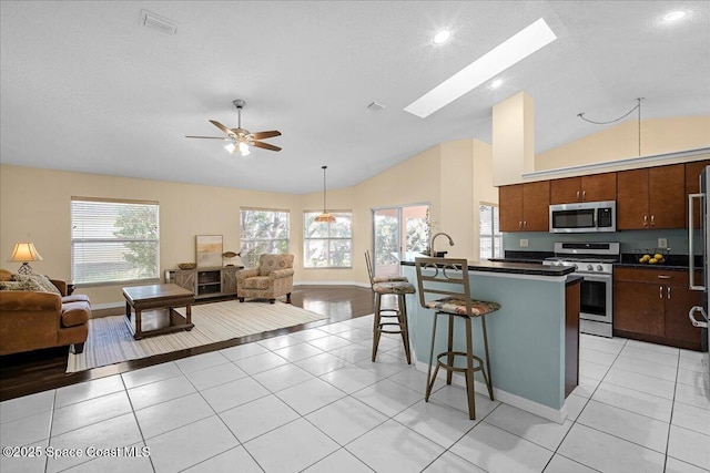 kitchen with dark countertops, open floor plan, lofted ceiling with skylight, a wealth of natural light, and stainless steel appliances