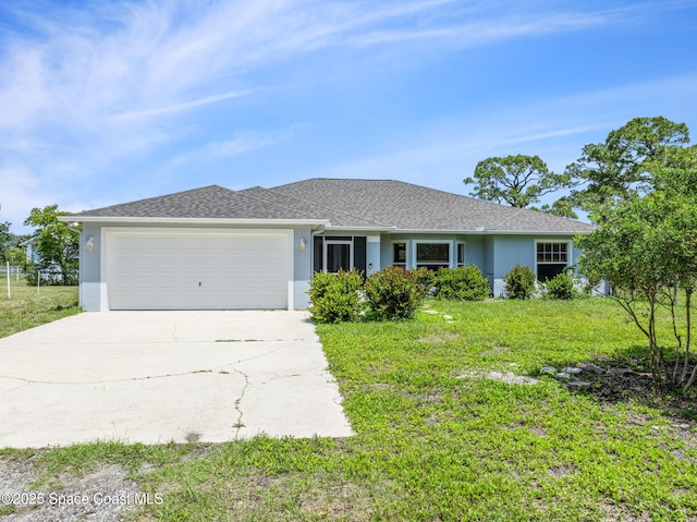 ranch-style home featuring a garage, driveway, a front yard, and stucco siding