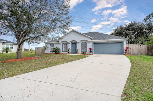 ranch-style house with a garage and a front lawn