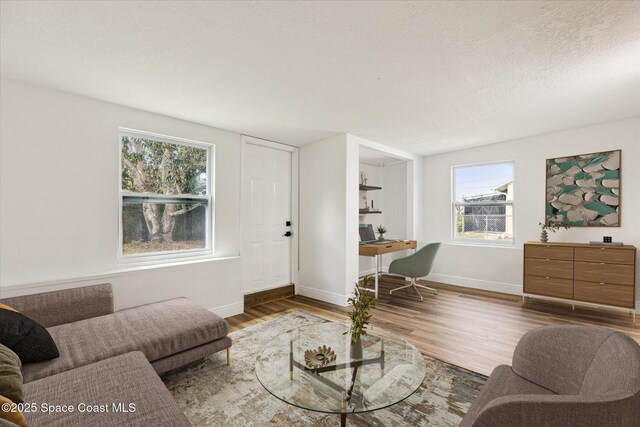 living area with baseboards, wood finished floors, and plenty of natural light