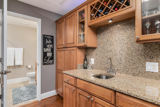 kitchen featuring light stone counters, sink, and tasteful backsplash