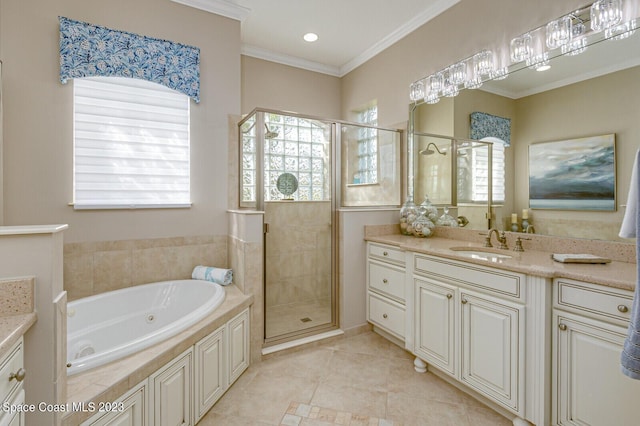 bathroom featuring vanity, tile patterned flooring, ornamental molding, and plus walk in shower