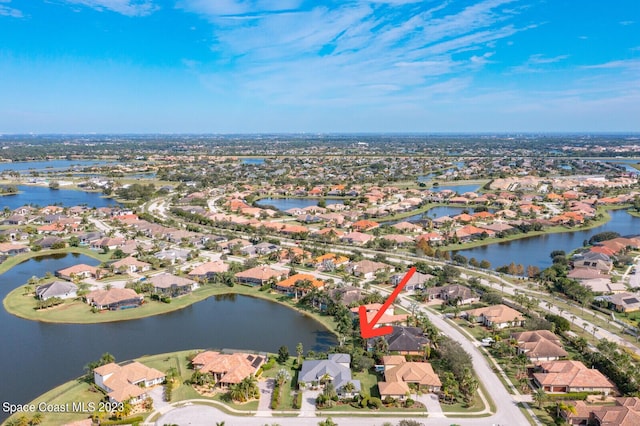 aerial view featuring a water view