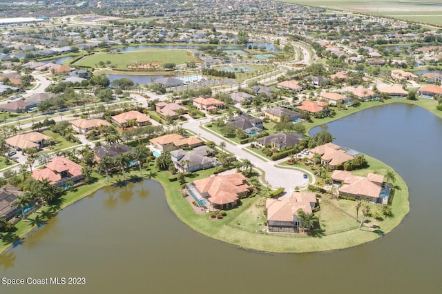 drone / aerial view featuring a water view