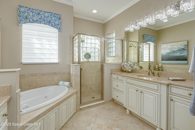 bathroom featuring crown molding, tile patterned floors, vanity, and shower with separate bathtub