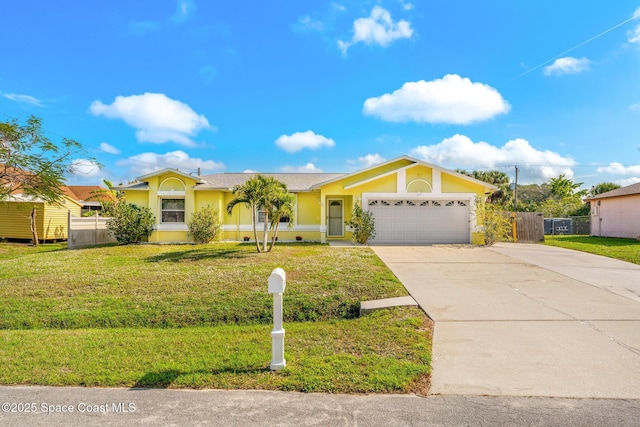 ranch-style home featuring a garage, concrete driveway, fence, a front lawn, and stucco siding