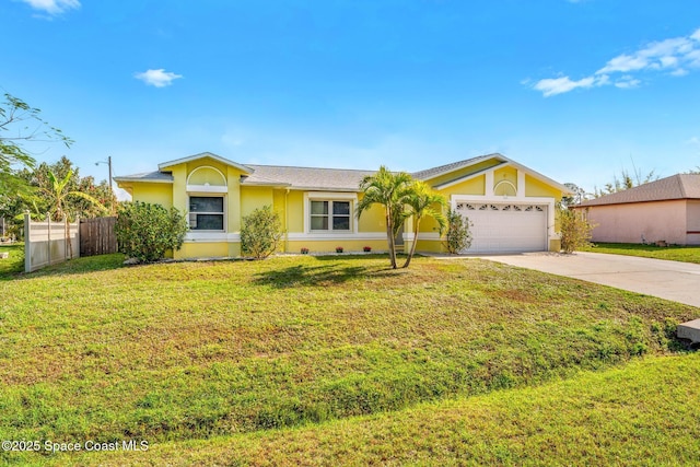 single story home with an attached garage, fence, driveway, stucco siding, and a front yard