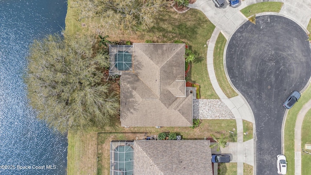 aerial view featuring a water view