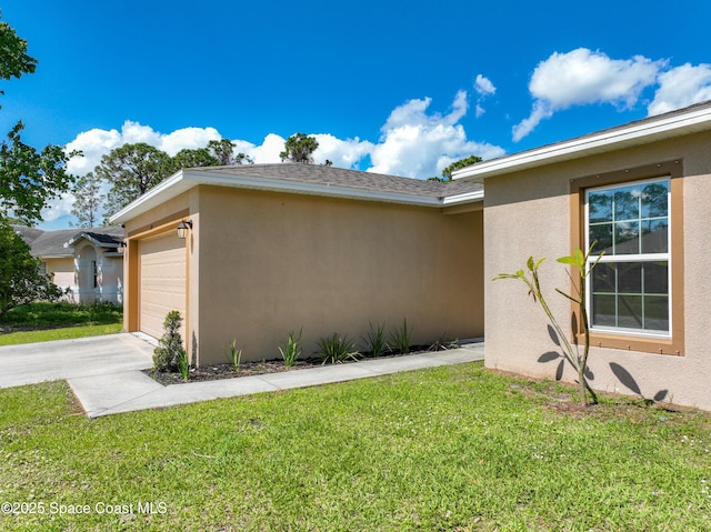 view of property exterior featuring a garage, concrete driveway, a lawn, and stucco siding