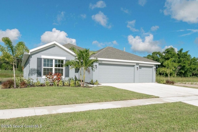 ranch-style house with a garage and a front yard