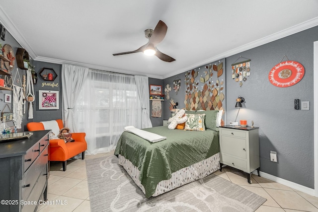 bedroom with ornamental molding, light tile patterned flooring, baseboards, and a ceiling fan