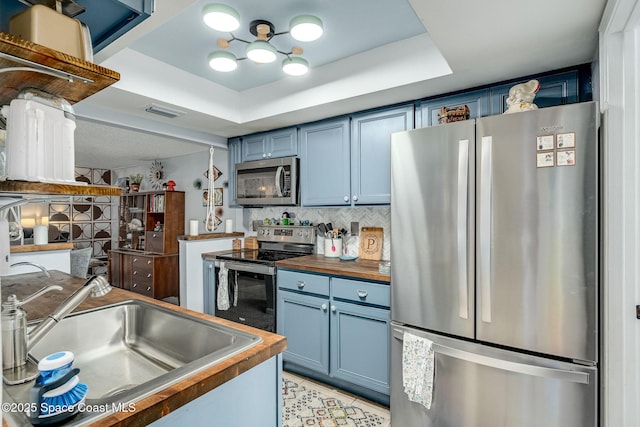 kitchen with stainless steel appliances, a raised ceiling, wooden counters, a sink, and blue cabinets