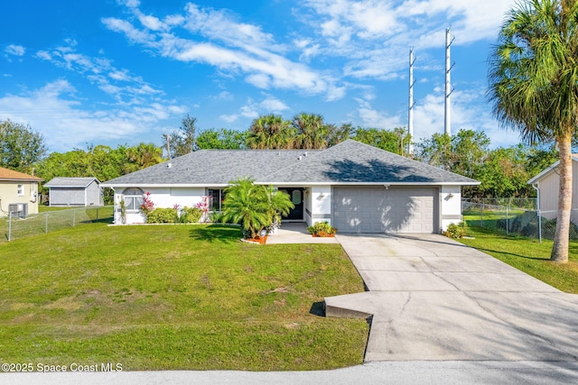 ranch-style home with a front yard, a garage, and cooling unit