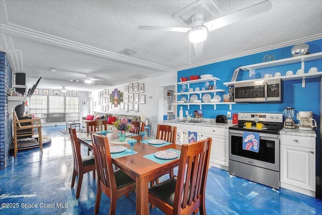 dining room with a textured ceiling and ceiling fan