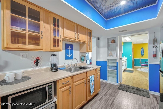 kitchen with sink and light hardwood / wood-style flooring