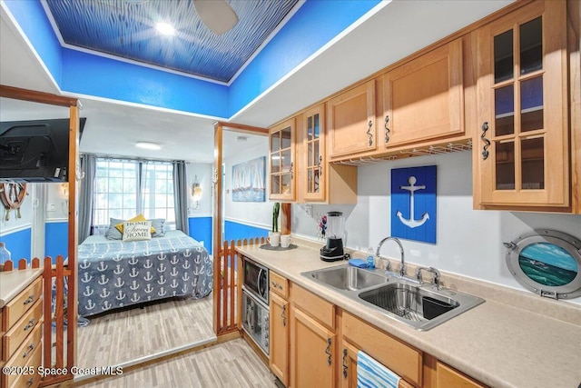 kitchen featuring stainless steel microwave, sink, and light wood-type flooring