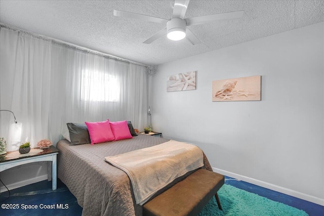 bedroom featuring ceiling fan and a textured ceiling