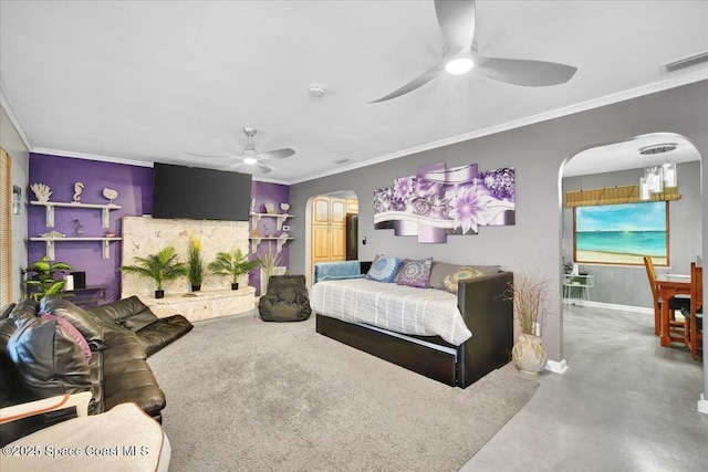 bedroom with ceiling fan, ornamental molding, and concrete flooring