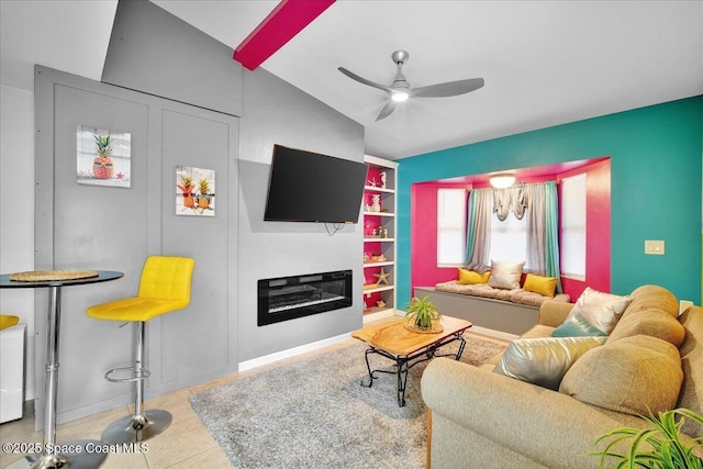 living room with vaulted ceiling, light tile patterned flooring, and ceiling fan