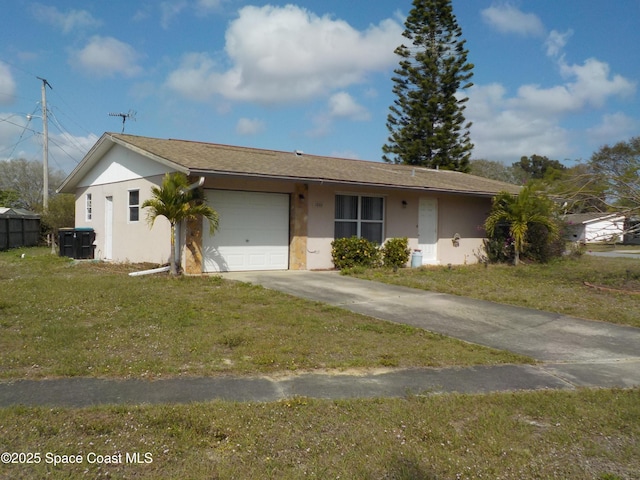 ranch-style home with a garage and a front yard