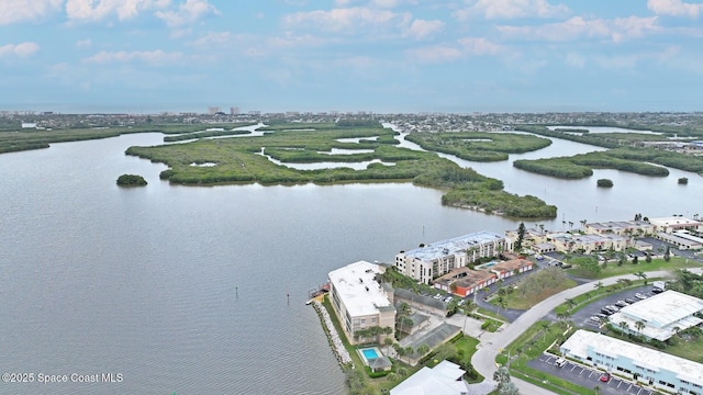 drone / aerial view with a water view