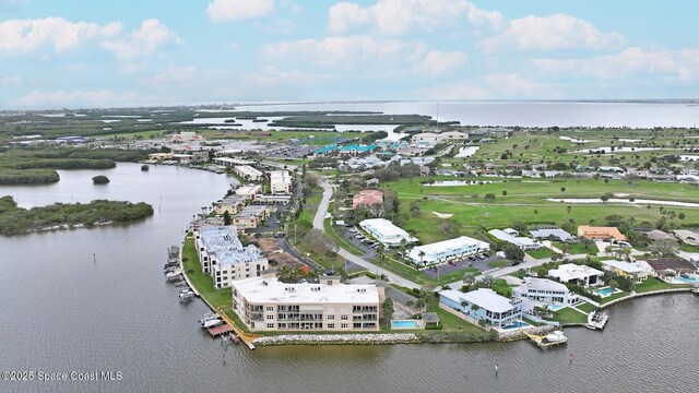 bird's eye view with a water view