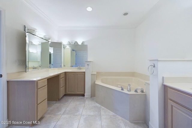 full bath featuring tile patterned flooring, crown molding, a bath, and vanity