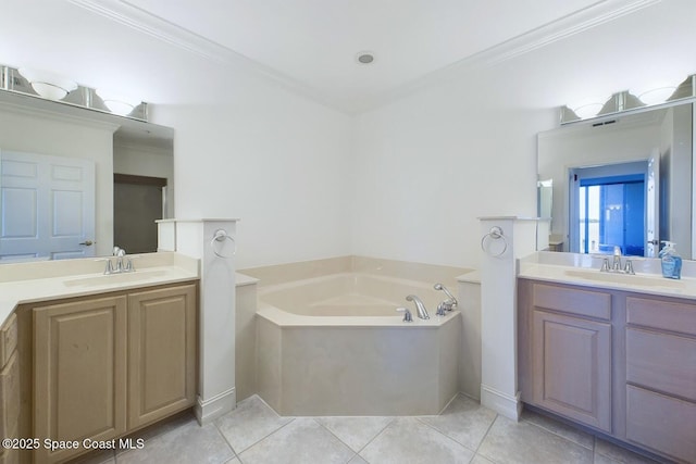 bathroom with a sink, two vanities, a garden tub, and tile patterned flooring