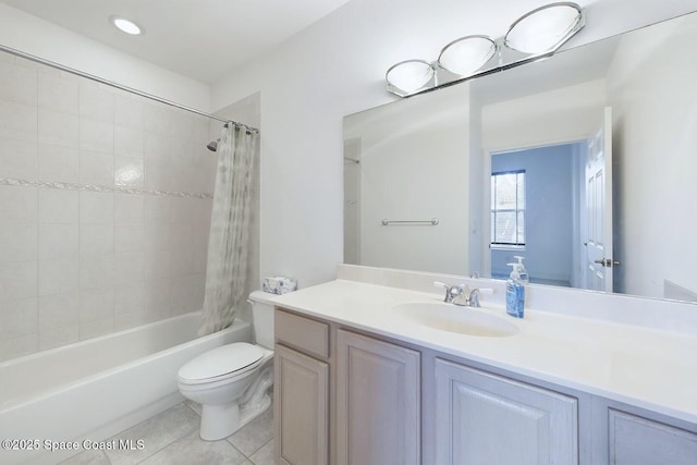 bathroom featuring toilet, shower / tub combo, tile patterned flooring, and vanity