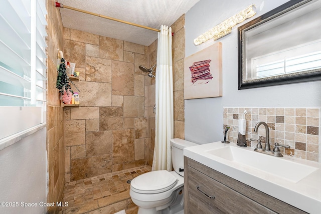 230 Andros Dr, Merritt Island, FL 32952 - bathroom featuring walk in shower, vanity, decorative backsplash, and toilet